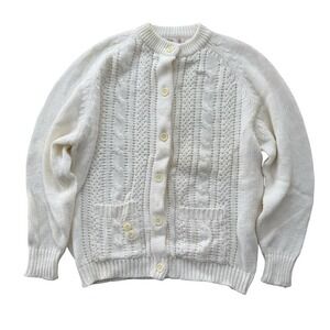 Vintage 1980s Cable Knit Cardigan Sweater Ivory Chunky Made in Korea L
